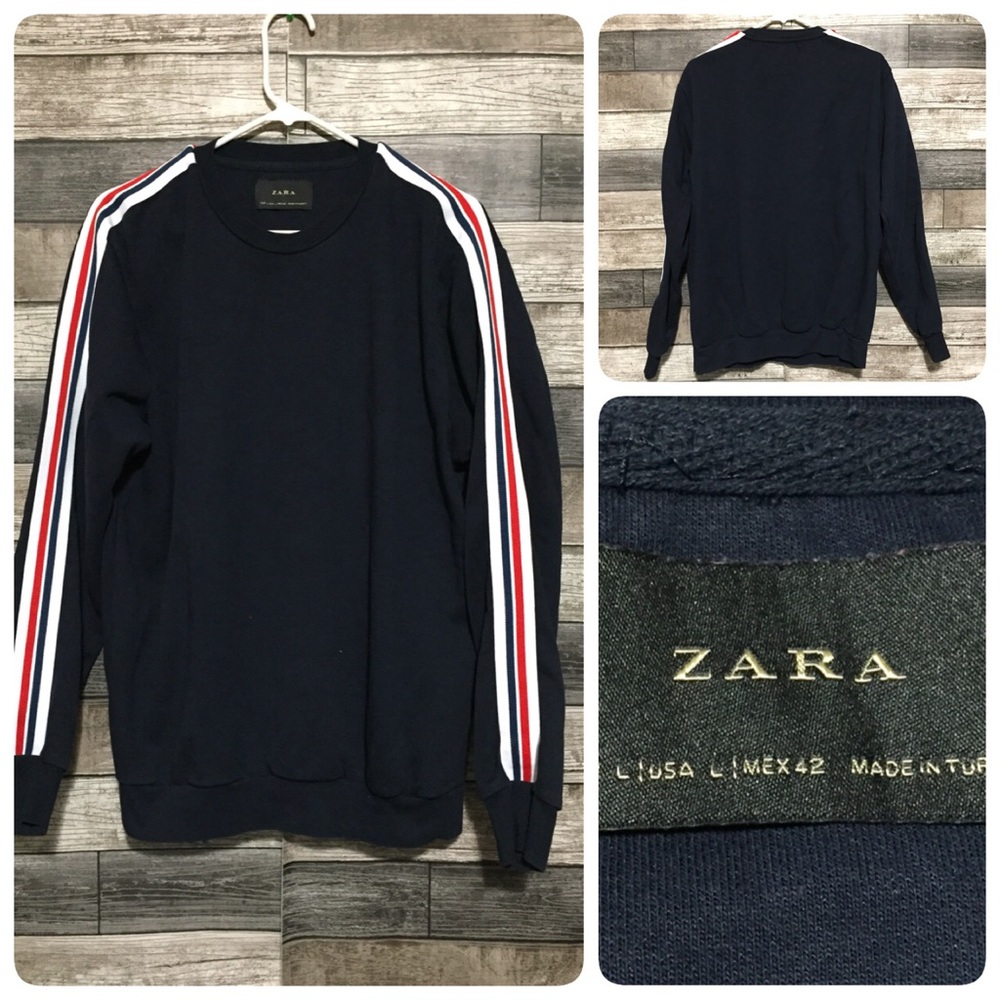 Zara Sweatshirt Men’s L Navy Blue Red Arm Stripe Pullover Fleece Crewneck - Picture 1 of 9